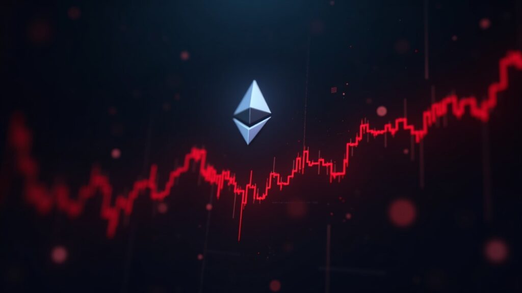 Cryptocurrency trading desk with the Ethereum logo and a red chart, indicating massive liquidations in 2025.