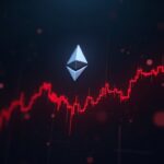 Cryptocurrency trading desk with the Ethereum logo and a red chart, indicating massive liquidations in 2025.