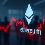 Ethereum logo reflected on a glass screen, price drop and blurred silhouettes suggesting market pressure.