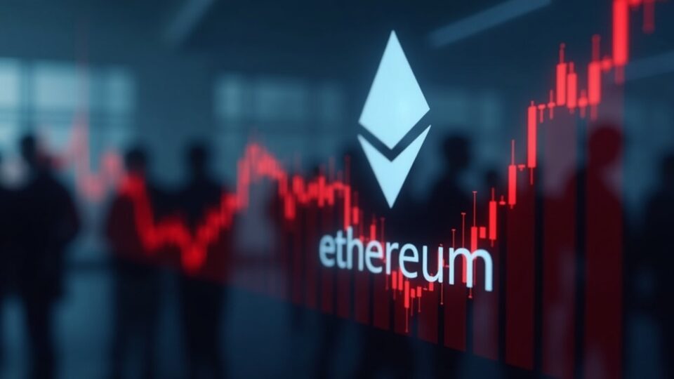 Ethereum logo reflected on a glass screen, price drop and blurred silhouettes suggesting market pressure.