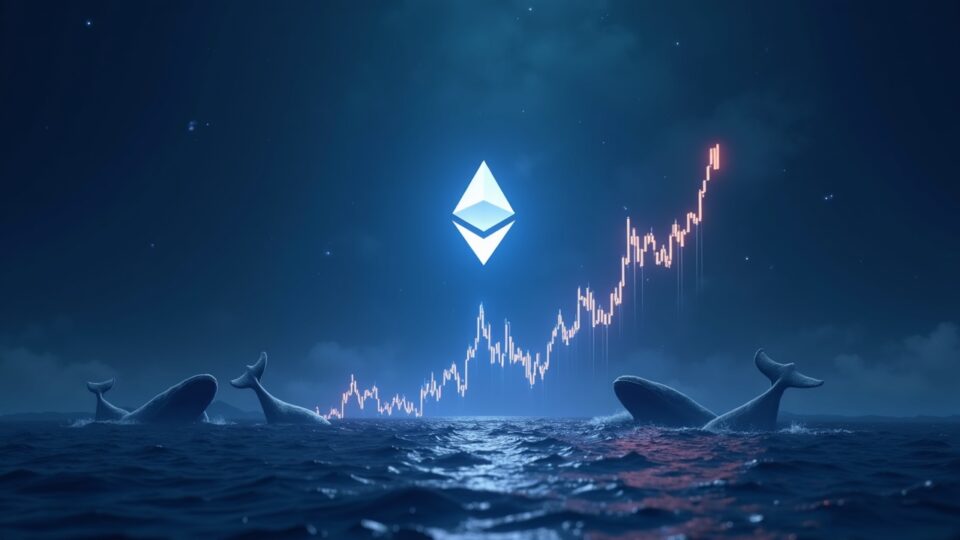 Ethereum logo in the center with an upward price chart, support at 3400 and silhouettes of whales