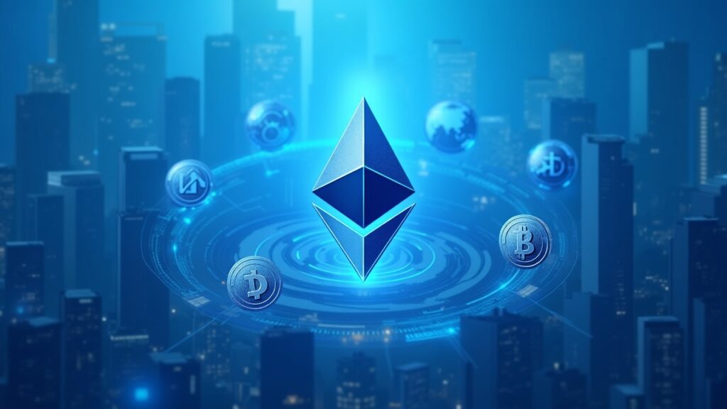 Ethereum logo in the center, surrounded by stablecoins and tokenized asset tokens, with a financial district background.