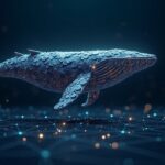 Giant Ethereum whale made of shiny ETH coins over a modern financial panel with blockchain network lines.