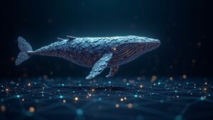 Giant Ethereum whale made of shiny ETH coins over a modern financial panel with blockchain network lines.
