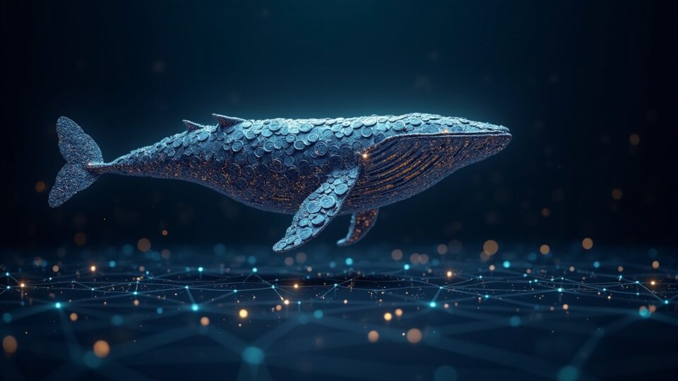Giant Ethereum whale made of shiny ETH coins over a modern financial panel with blockchain network lines.