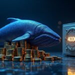 ETH whale made of shiny coins, next to an illuminated chest with 4000, in a futuristic trading room.
