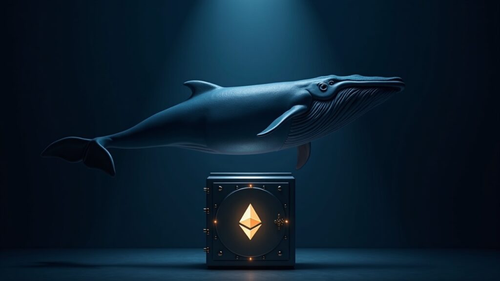Photorealistic image: giant Ethereum whale above a glowing digital vault, with institutional investors in the background.