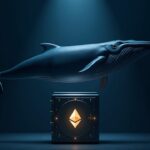Photorealistic image: giant Ethereum whale above a glowing digital vault, with institutional investors in the background.