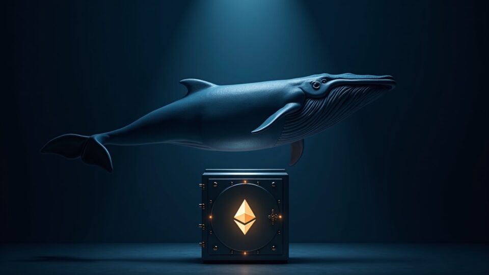 Photorealistic image: giant Ethereum whale above a glowing digital vault, with institutional investors in the background.