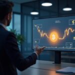 Photorealistic boardroom: executive presents euro-denominated preferred stock issuance; Bitcoin and euro charts.