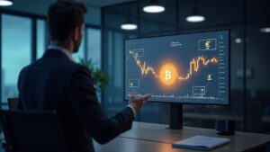Photorealistic boardroom: executive presents euro-denominated preferred stock issuance; Bitcoin and euro charts.