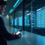 Banker in a fintech lobby in front of a blockchain ledger with insured tokenized deposits and stablecoins outside coverage.