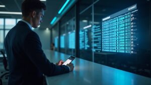 Banker in a fintech lobby in front of a blockchain ledger with insured tokenized deposits and stablecoins outside coverage.