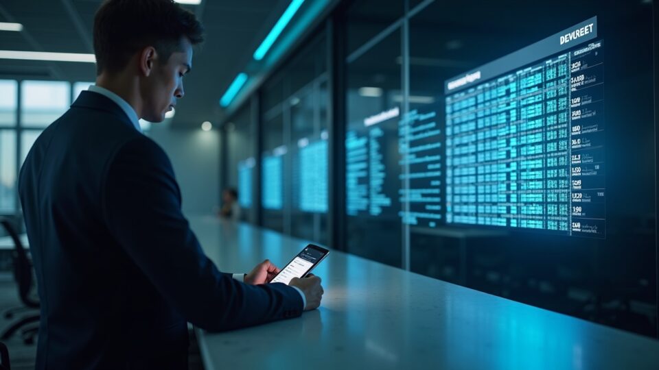 Banker in a fintech lobby in front of a blockchain ledger with insured tokenized deposits and stablecoins outside coverage.