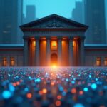 Facade of a central bank with a glowing blockchain network in front, symbolizing regulatory discretion over crypto