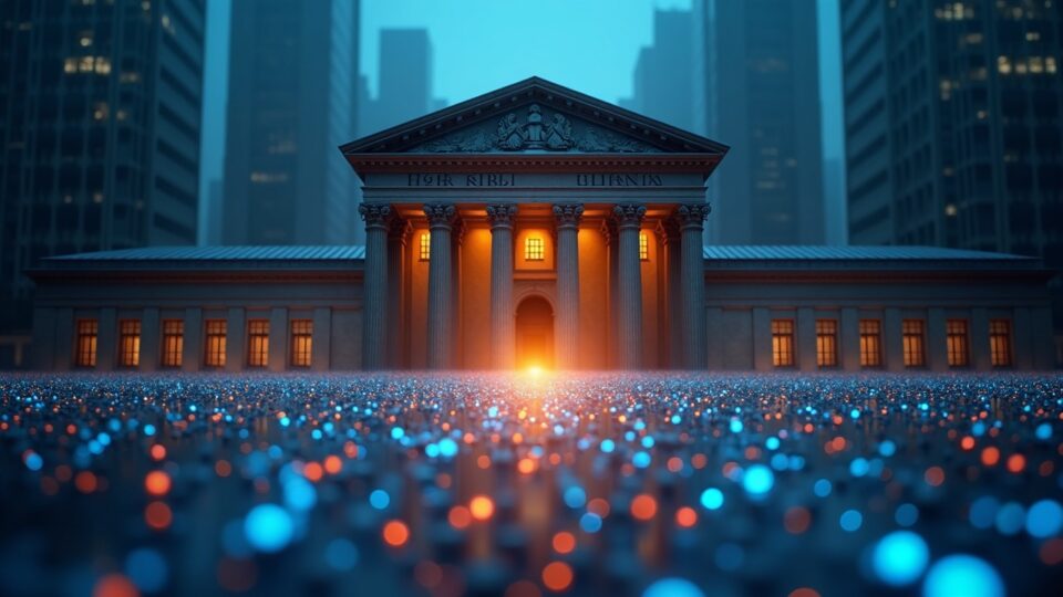 Facade of a central bank with a glowing blockchain network in front, symbolizing regulatory discretion over crypto
