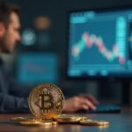 Trader at a modern desk with Bitcoin foreground and a Fed rate clock, newsroom glow, signaling crypto-market anxiety.