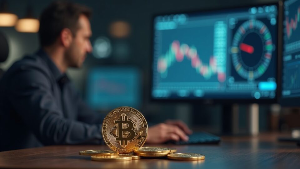 Trader at a modern desk with Bitcoin foreground and a Fed rate clock, newsroom glow, signaling crypto-market anxiety.