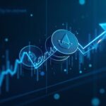 ETH coins surround a stock ticker with a buyback arrow; blue environment, ether treasury and tokenized securities.