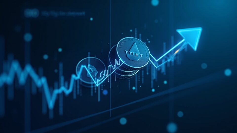 ETH coins surround a stock ticker with a buyback arrow; blue environment, ether treasury and tokenized securities.