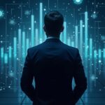 Executive in a suit before a blockchain ledger, stock charts in holograms and tokenized loans with real assets orbiting.