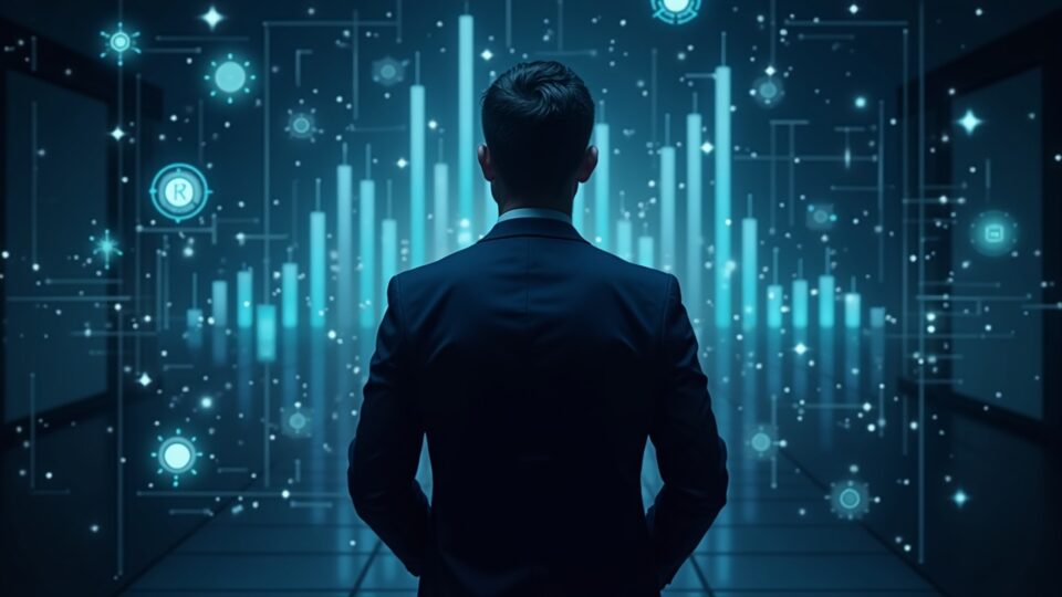 Executive in a suit before a blockchain ledger, stock charts in holograms and tokenized loans with real assets orbiting.