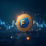 Photorealistic Filecoin token with an upward chart and decentralized storage network in the background, blue-gold tones