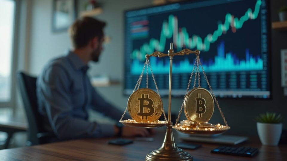 Realistic portrait of a fintech analyst in an office, with a digital dashboard displaying BTC versus gold and volatility.