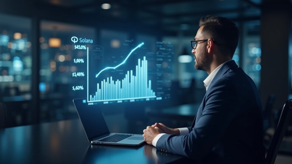 Executive in a news room with a Solana hologram, $1 billion buyback chart and SOL icons