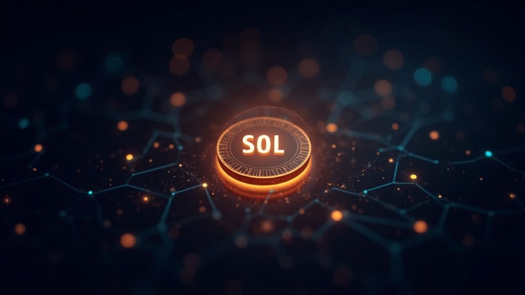 Holographic SOL token connected to a luminous staking network, with Fidelity branding on a modern trading floor.