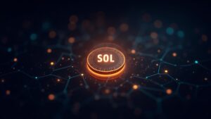 Holographic SOL token connected to a luminous staking network, with Fidelity branding on a modern trading floor.