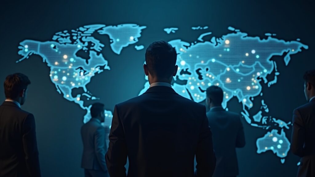 Professional in a suit in front of a holographic map highlighting 49 jurisdictions, scales of justice and crypto icons