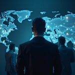 Professional in a suit in front of a holographic map highlighting 49 jurisdictions, scales of justice and crypto icons