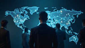 Professional in a suit in front of a holographic map highlighting 49 jurisdictions, scales of justice and crypto icons