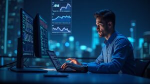Galaxy Digital trader at an elegant desk, with holographic screens connecting Polymarket and Kalshi, symbol of liquidity.