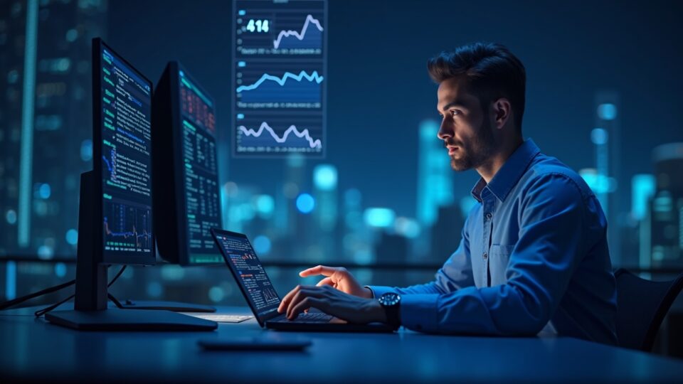 Galaxy Digital trader at an elegant desk, with holographic screens connecting Polymarket and Kalshi, symbol of liquidity.