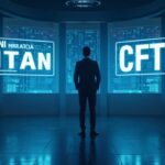Crypto executive on a trading floor, holographic Gemini Titan and CFTC panel, symbolizing institutional prediction markets.