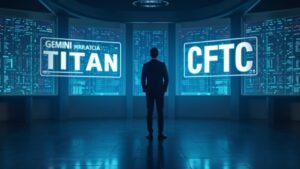 Crypto executive on a trading floor, holographic Gemini Titan and CFTC panel, symbolizing institutional prediction markets.