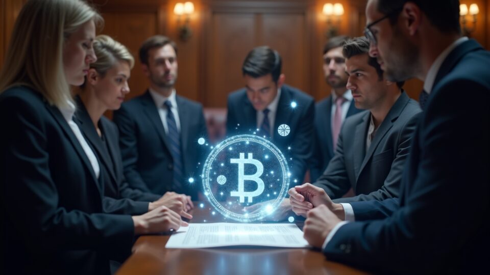 Photorealistic scene in the Capitol: legislators review a GENIUS Act document alongside holographic crypto symbols