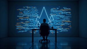 Developer at a modern desk; screens with code forming a scale between a stablecoin and the silhouette of the U.S. Treasury.