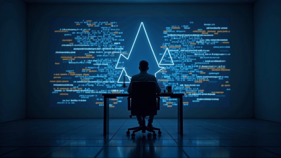 Developer at a modern desk; screens with code forming a scale between a stablecoin and the silhouette of the U.S. Treasury.