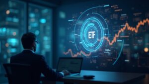 Newsroom scene with executive silhouette and holographic Chainlink icon, rising institutional demand and ETF.
