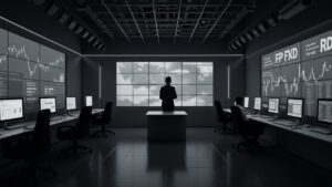 Newsroom scene with a central analyst, Solana and ETF charts on displays, grayscale, blockchain grid.