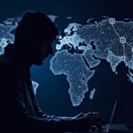 Silhouette of a neon hacker with Bitcoin and Ethereum icons, world map and gavel, symbolizing asset recovery and regulation.