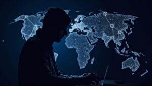 Silhouette of a neon hacker with Bitcoin and Ethereum icons, world map and gavel, symbolizing asset recovery and regulation.