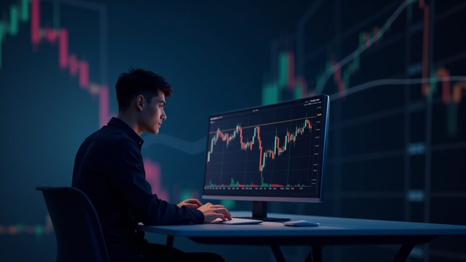 Realistic trader in front of HBAR chart in a descending channel with supports 0.141 and 0.154, Hedera logo.