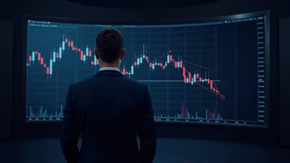 Analyst in a news studio in front of a crypto chart with a head-and-shoulders pattern and a red arrow; HBAR logo