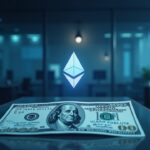 Photorealistic fintech office with ETH logo, staking nodes and interest-free convertible note in the foreground
