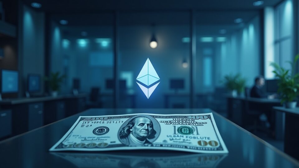 Photorealistic fintech office with ETH logo, staking nodes and interest-free convertible note in the foreground