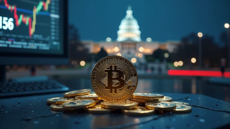 Central trader in front of a panel with Bitcoin 106k, gold and silver, a countdown clock and a blurred background of the Capitol.